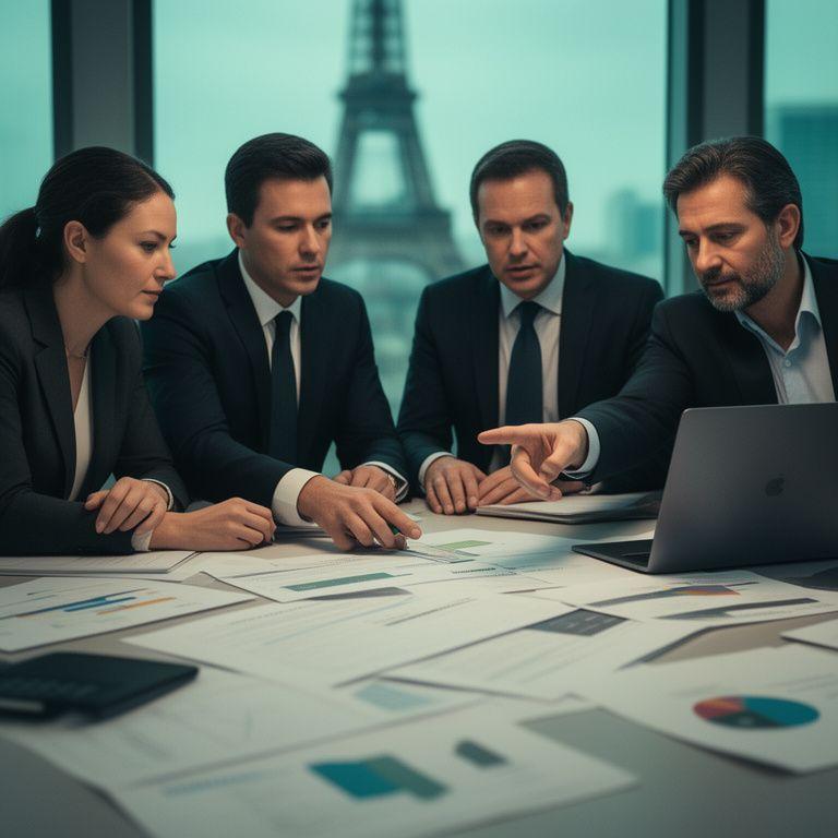 Avocats et dirigeants en réunion stratégique à Paris devant des documents de transaction et un ordinateur portable