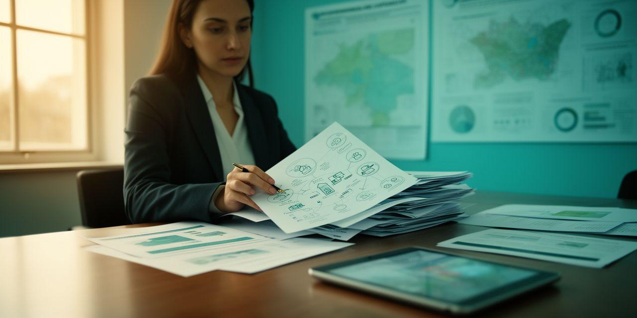 Avocate examinant un dossier environnemental dans une salle de réunion lumineuse à Paris avec plans réglementaires et tablette