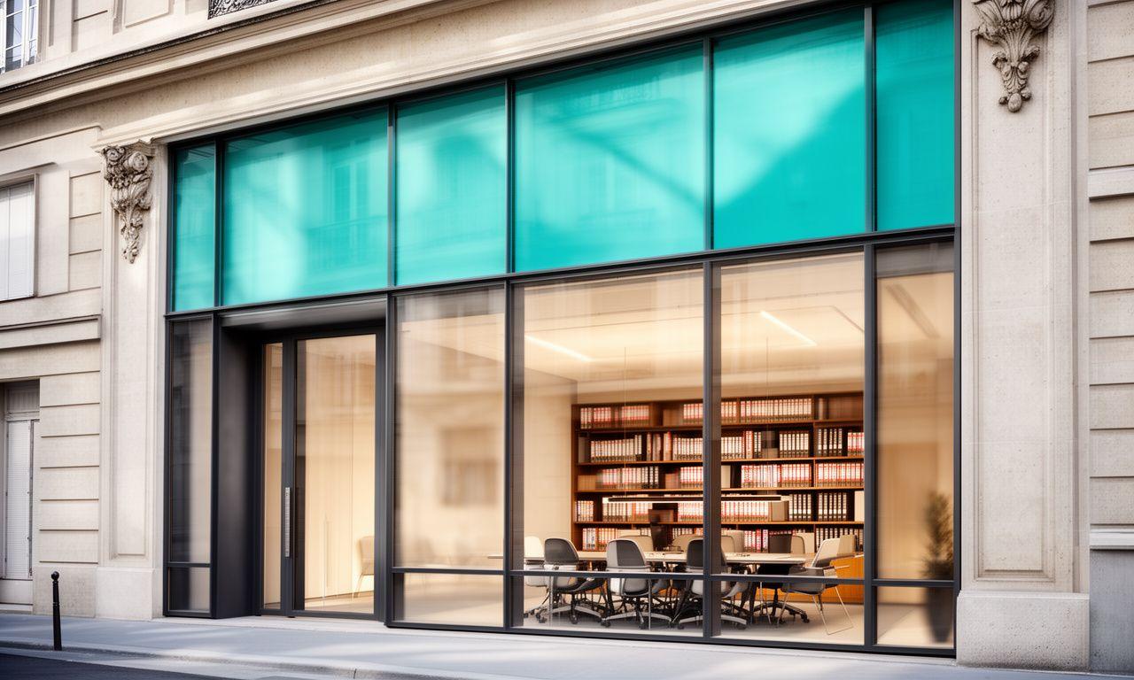 Façade contemporaine d’un cabinet d’avocats à Paris avec une salle de réunion lumineuse et des dossiers juridiques organisés