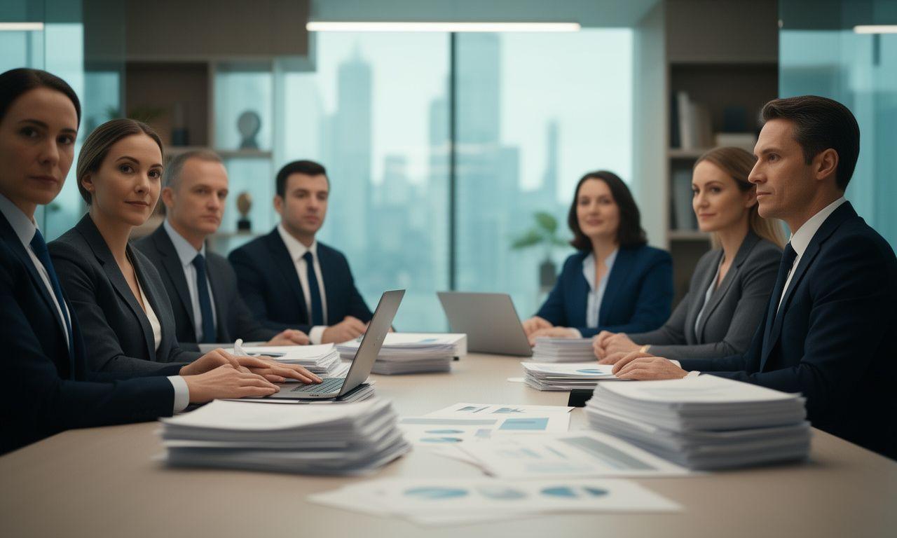 Équipe juridique à Paris examinant un dossier de fusion-acquisition autour d’une grande table de réunion